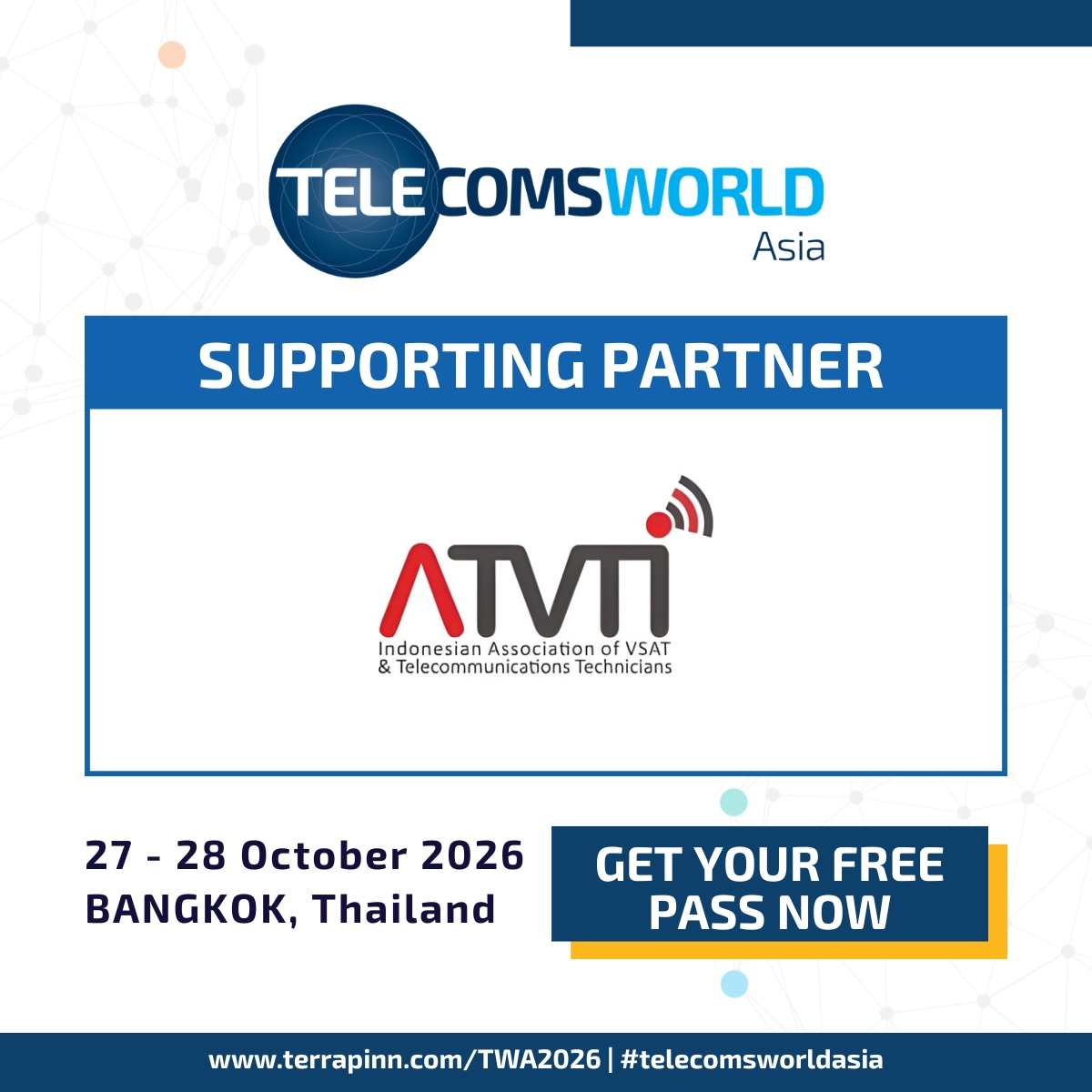 ATVTI supporting partner banner for Telecoms World Asia 2026