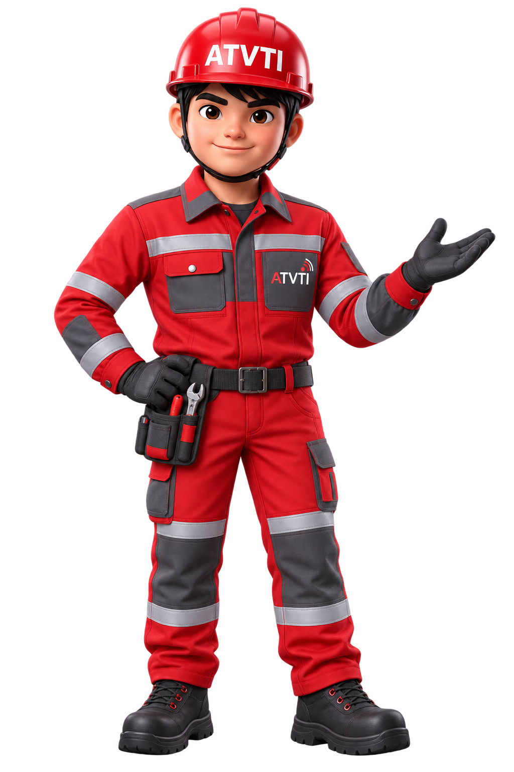 ATVTI technician mascot in red and grey safety uniform
